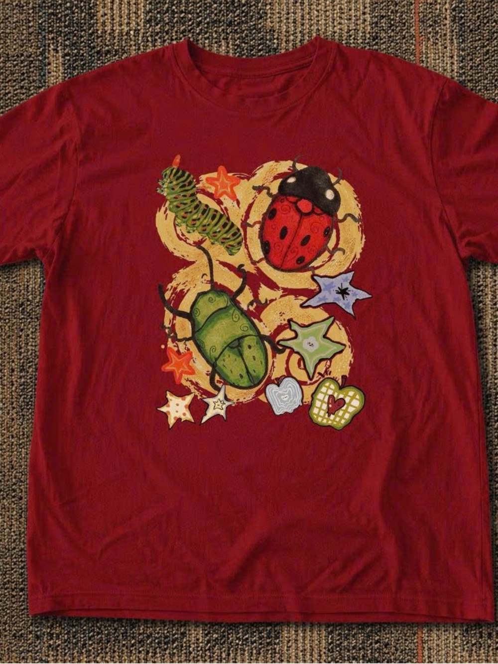 Red Short Sleeve Tee with Colorful Beetle Graphic